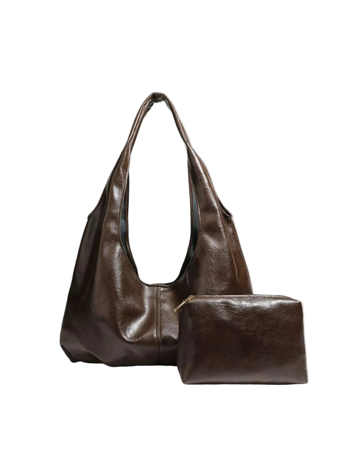 A dark brown leather hobo shoulder bag with a matching zippered pouch, displayed on a light gray background.