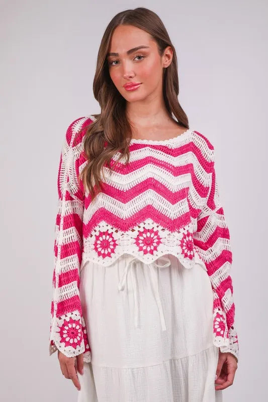 Chevron & Floral Pattern Crochet Knit Top.