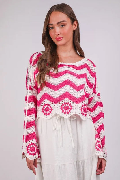 Chevron & Floral Pattern Crochet Knit Top.