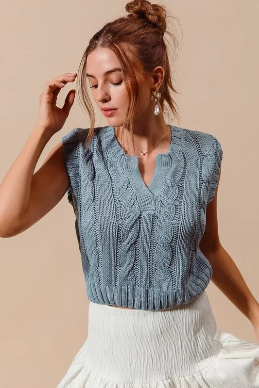 Notched Neck Cable Knit Sweater Vest.