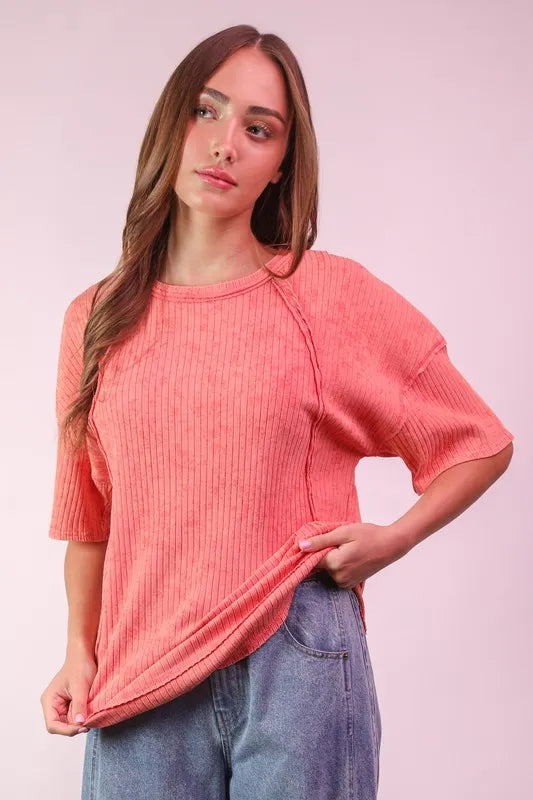 Mineral Washed Ribbed Knit Casual Top.