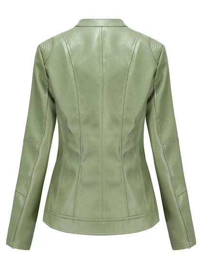 Women's sage green faux leather moto jacket alternate view | KRIFFA