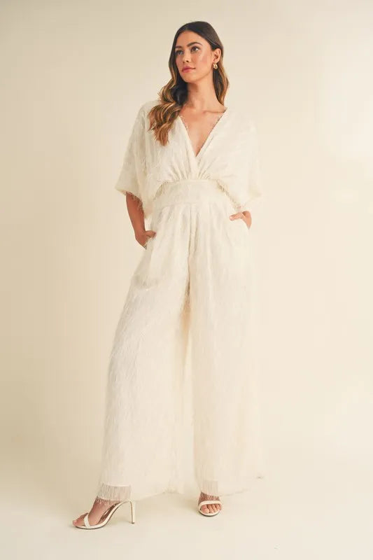 Fluffy Deep V Neck Wide Leg Jumpsuit.
