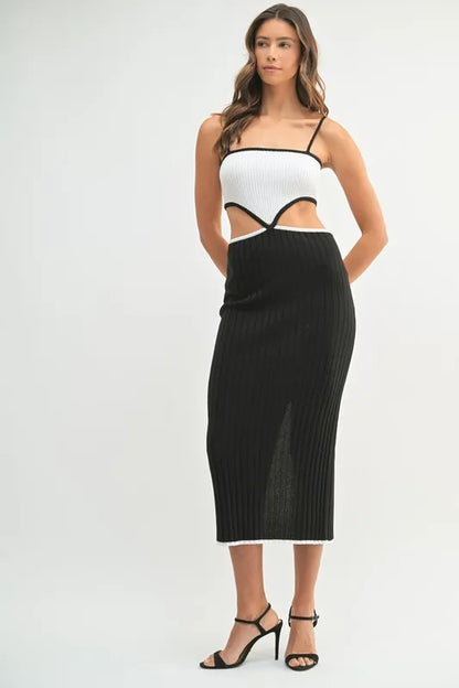 Ribbed Knit Color Block Cutout Midi Dress.