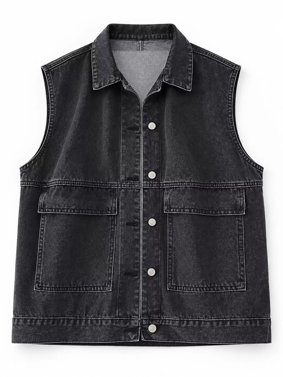 A sleeveless black denim vest with a pointed collar, silver snap-button front, and two large front patch pockets, shown flat against a white background.