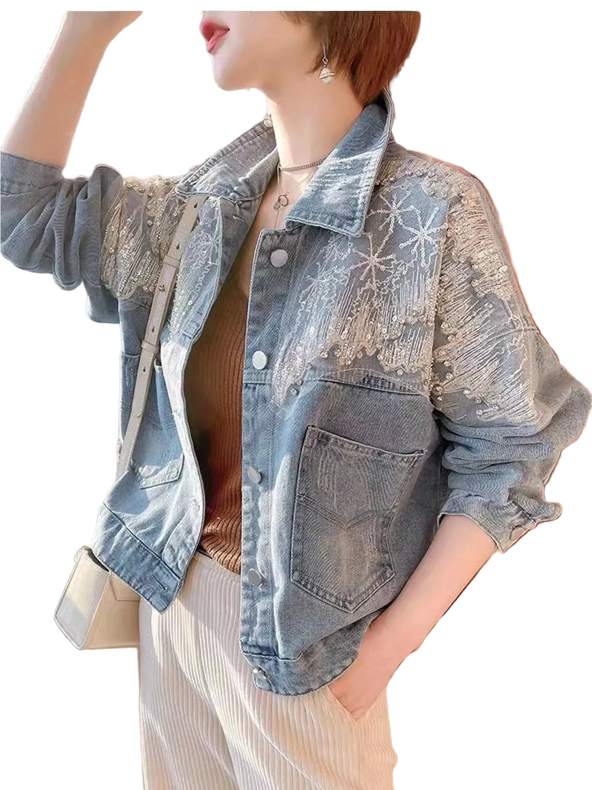 Embellished Rhinestone Snowflake Denim Jacket