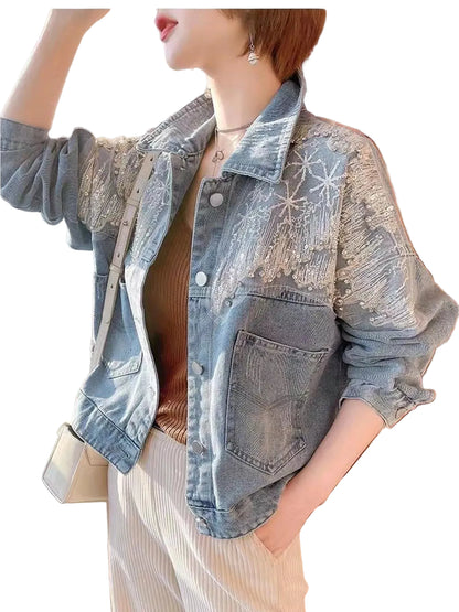 Embellished Rhinestone Snowflake Denim Jacket
