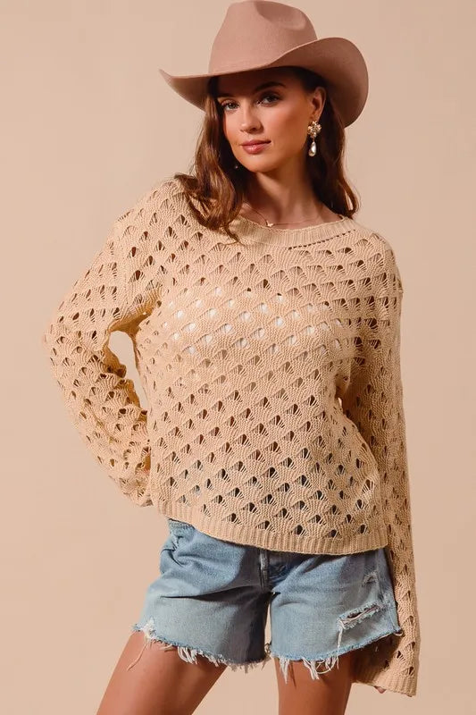 Geometric Pattern Open Knit Lightweight Sweater.