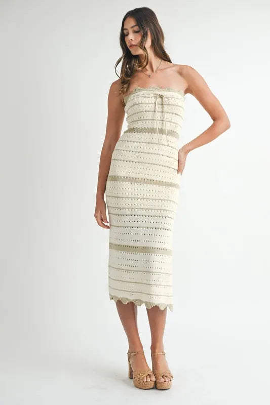 Contrast Striped Crochet Knit Midi Dress.