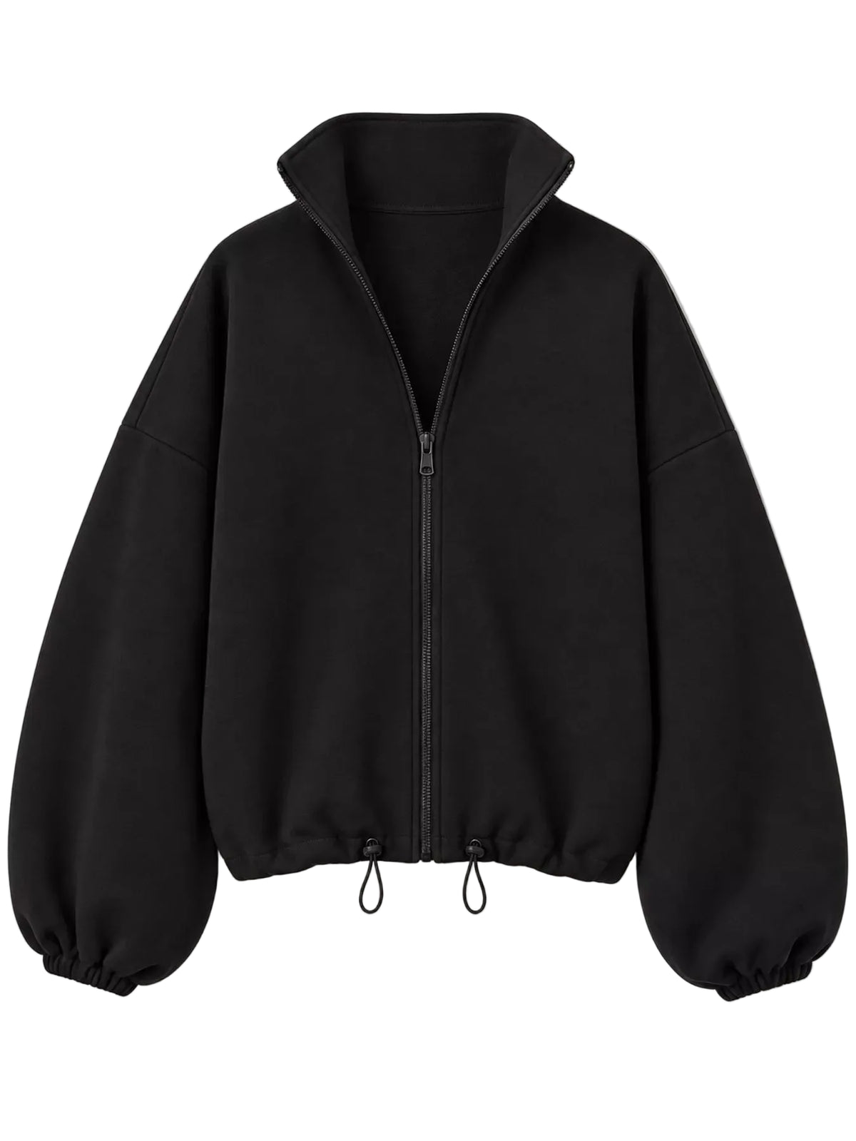 A black zip-up jacket with a stand collar, balloon sleeves, and elasticized cuffs, displayed against a light gray background.