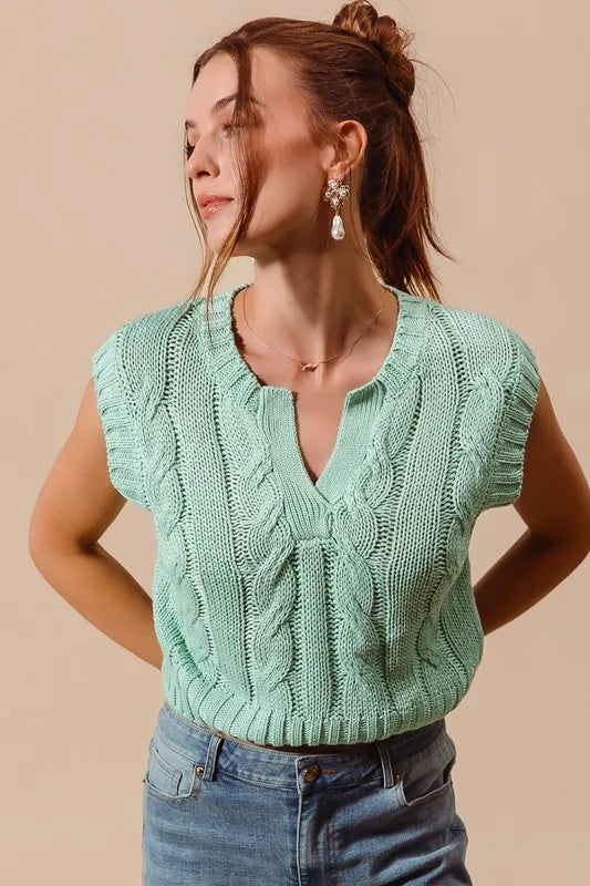 Notched Neck Cable Knit Sweater Vest.