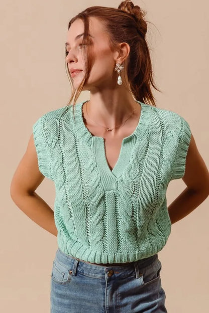 Notched Neck Cable Knit Sweater Vest.