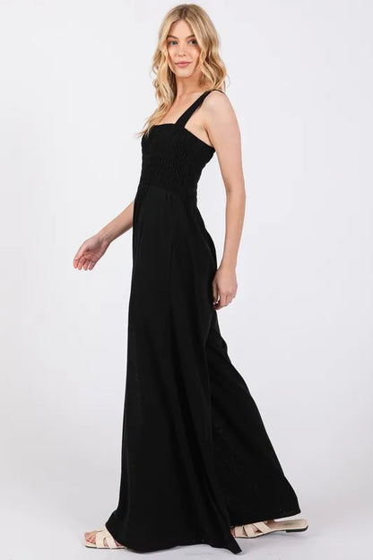 Smocked Flowy Wide Leg Jumpsuit.