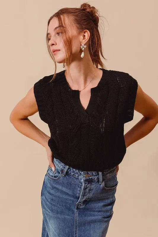 Notched Neck Cable Knit Sweater Vest.