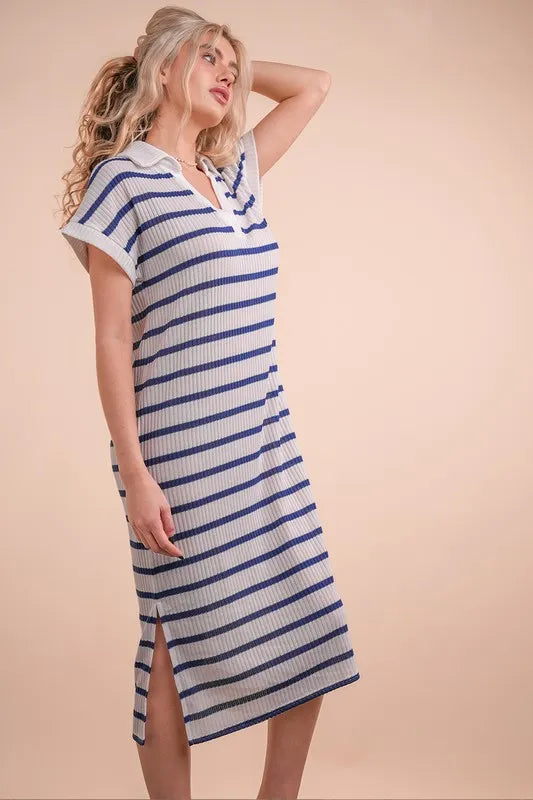 Oversized Collared Striped Knit Midi Dress.