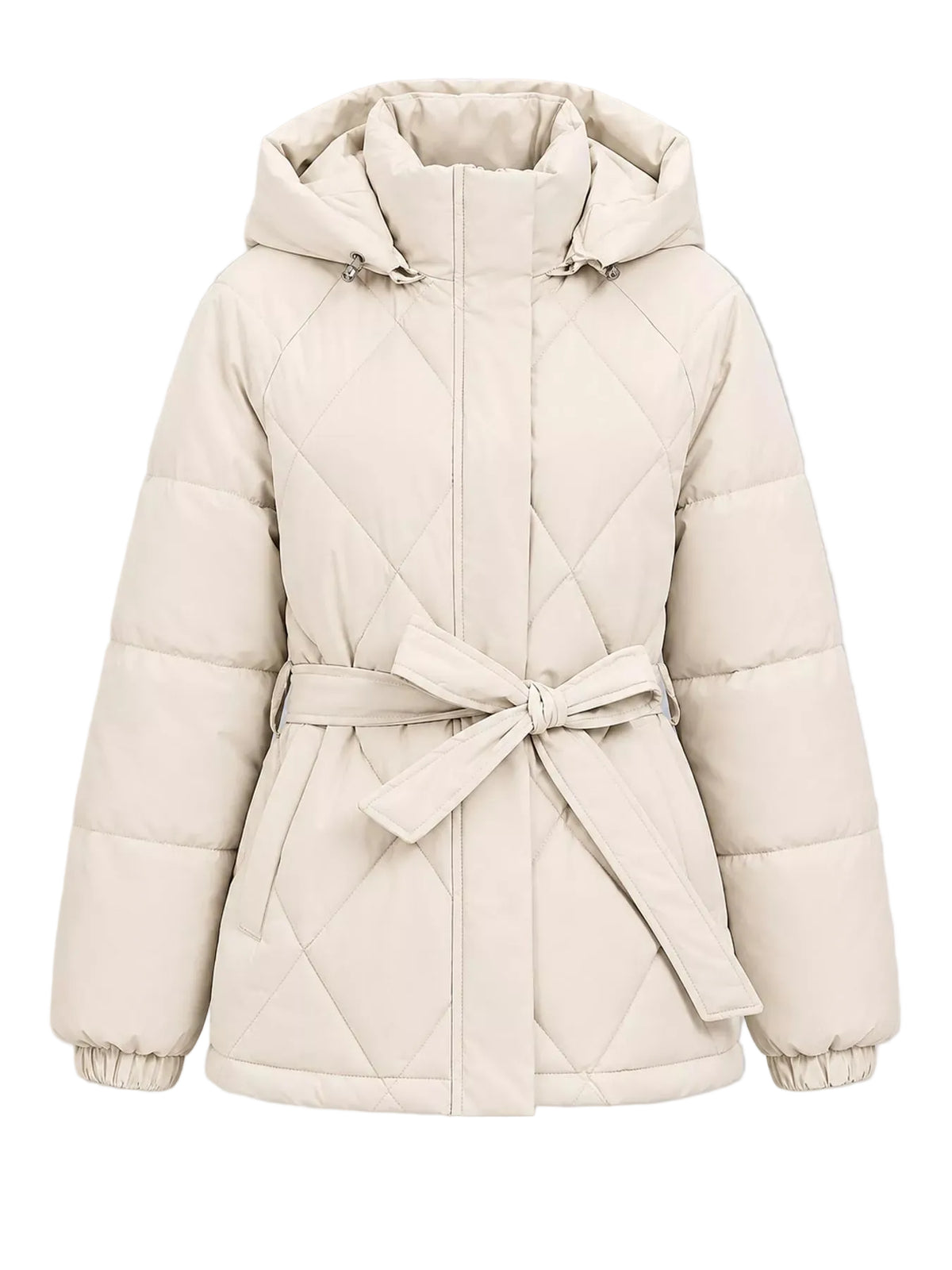 A light beige quilted puffer jacket with a hood, front zipper, and matching waist tie belt, shown against a solid gray background.