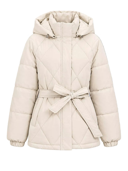 A light beige quilted puffer jacket with a hood, front zipper, and matching waist tie belt, shown against a solid gray background.