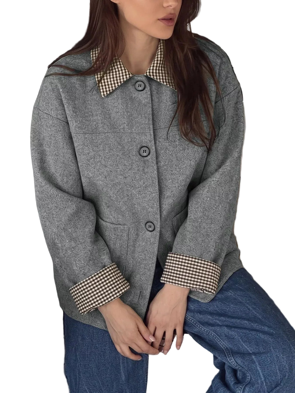 Button-down outerwear with gingham contrast details