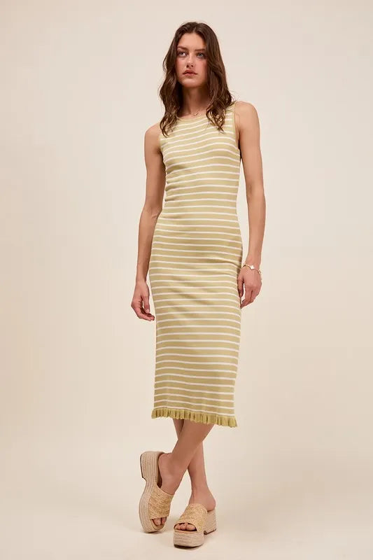 Stripe Sleeveless Sweater Knit Maxi Dress With Ruffled Hem.