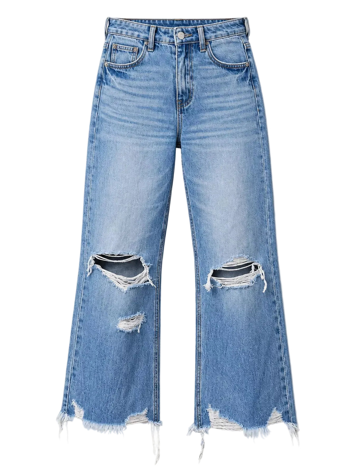 Light blue wide-leg denim jeans with distressed rips at the knees and frayed hems, shown flat against a light gray background.