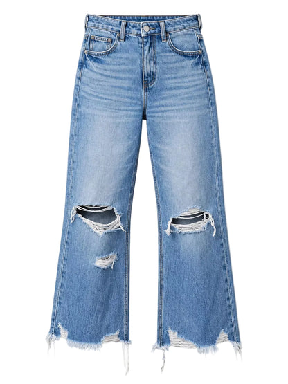 Light blue wide-leg denim jeans with distressed rips at the knees and frayed hems, shown flat against a light gray background.