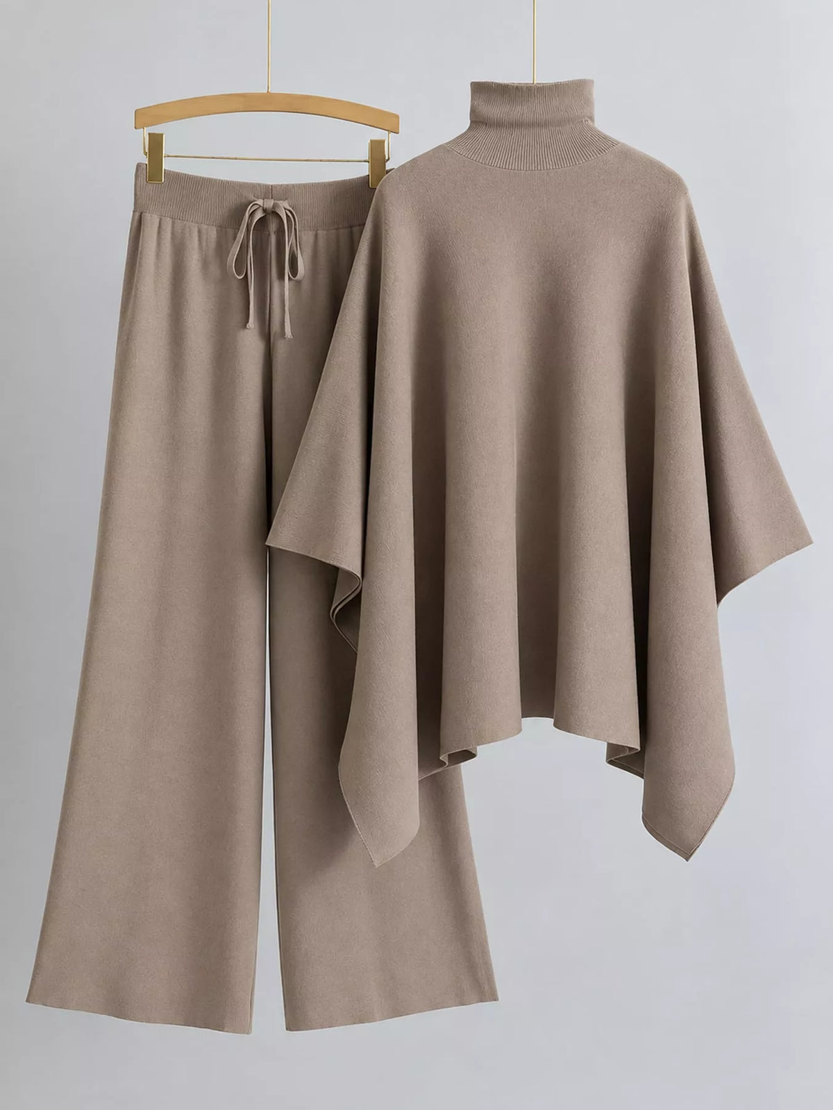 Turtleneck poncho sweater and matching wide-leg knit pants set