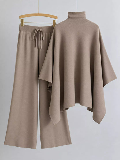 Turtleneck poncho sweater and matching wide-leg knit pants set