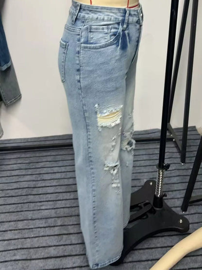 High-waisted distressed wide-leg jeans