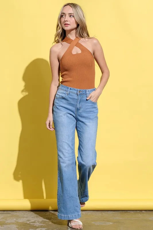 Basic Rib Cross Halter Neck Tank Top.