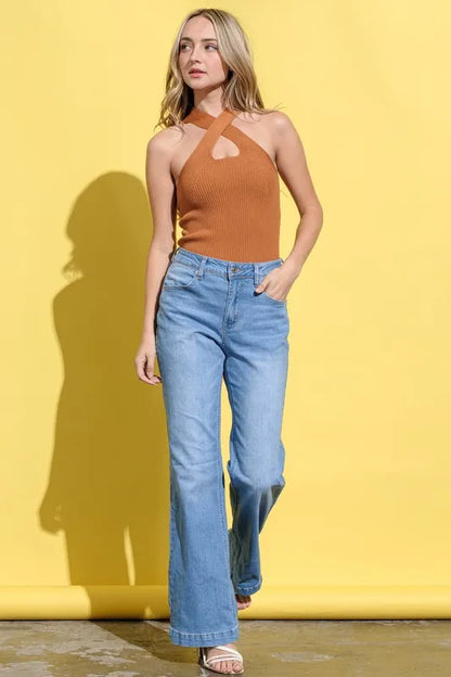 Basic Rib Cross Halter Neck Tank Top.