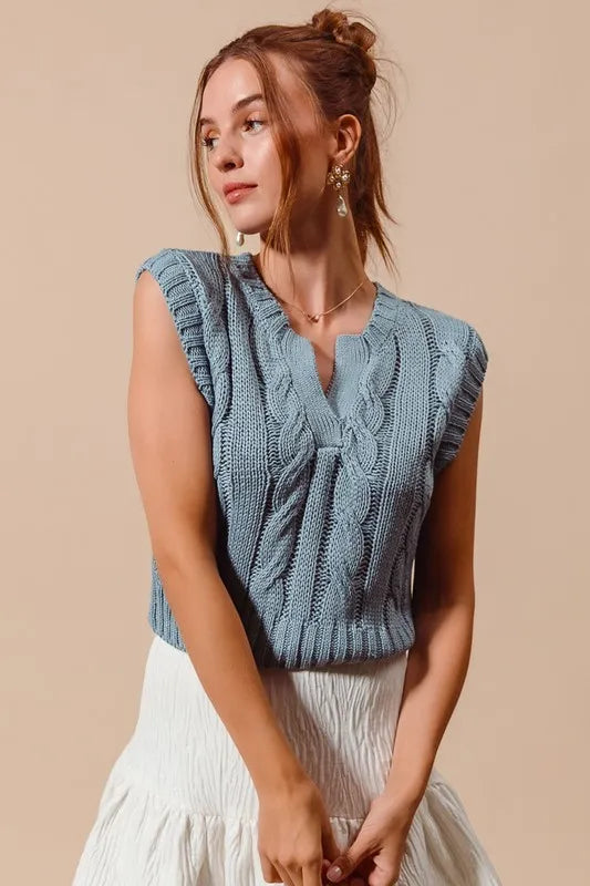 Notched Neck Cable Knit Sweater Vest.