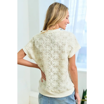 3D Mesh Flower Round Neck Short Sleeve Top.