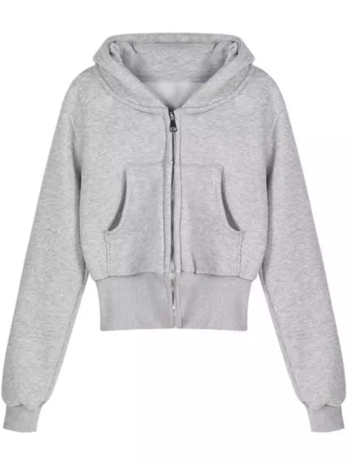A light gray heather cropped zip-up hoodie with a drawstring hood, front pockets, and ribbed cuffs and hem, shown against a plain white background.