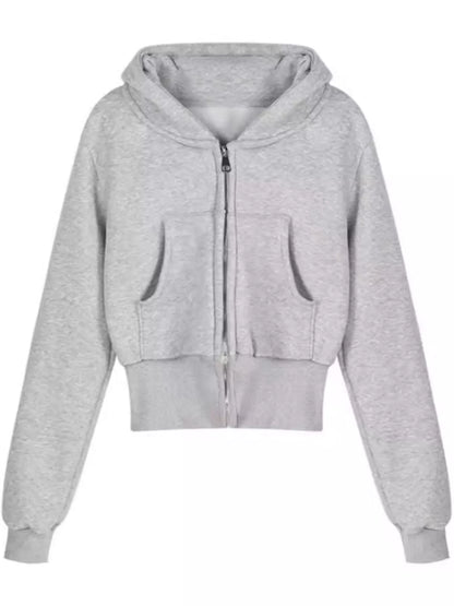 A light gray heather cropped zip-up hoodie with a drawstring hood, front pockets, and ribbed cuffs and hem, shown against a plain white background.