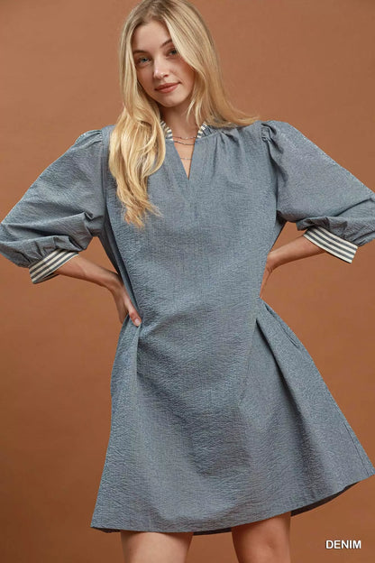 Textured Contrast Trim Tie Waist Mini Dress