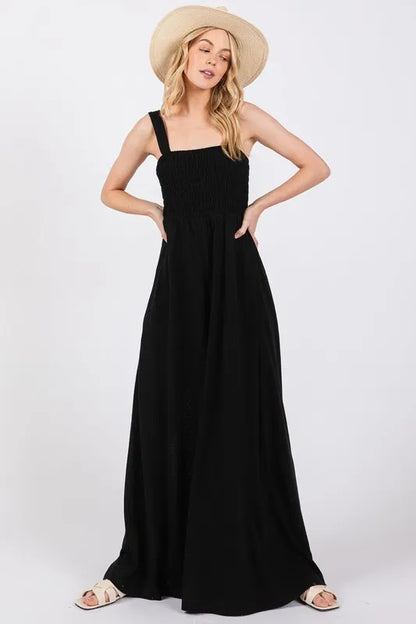 Smocked Flowy Wide Leg Jumpsuit.