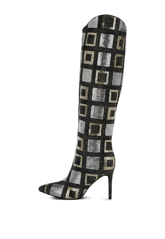 Sharmin Checkered Sequin Knee High Boots