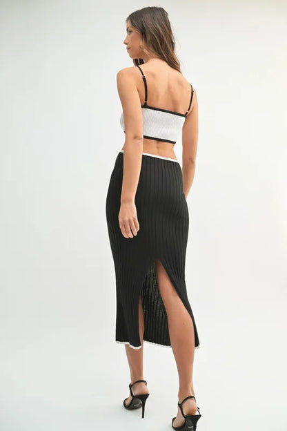 Ribbed Knit Color Block Cutout Midi Dress.