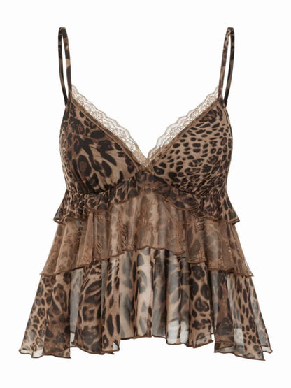 A leopard print camisole top with thin straps, lace trim along the neckline, and a tiered ruffle skirt, shown against a plain white background.