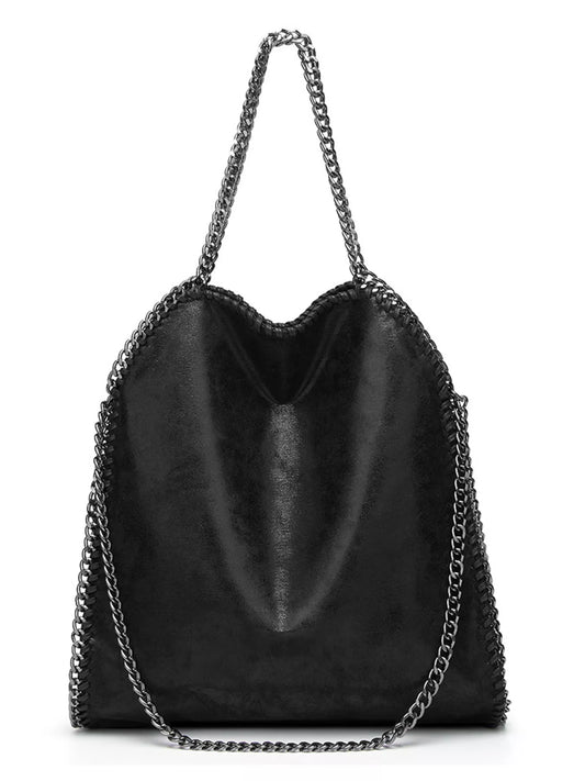 Chain-Trimmed PU Leather Shoulder Bag