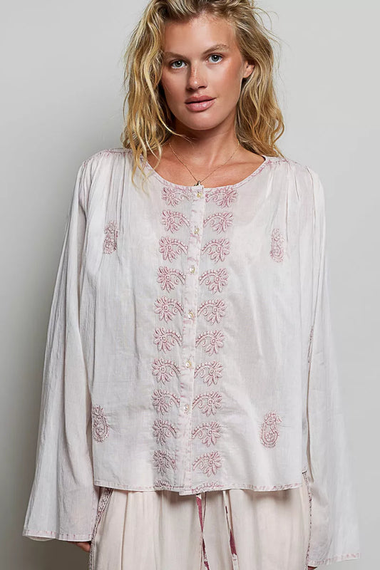 Embroidered Gathered Shoulder Long Sleeve Shirt