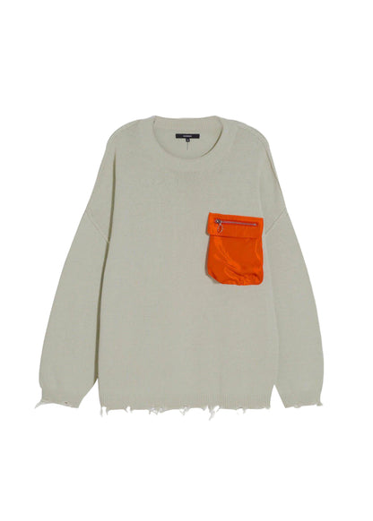 Beige sweater with an orange pocket on a white background