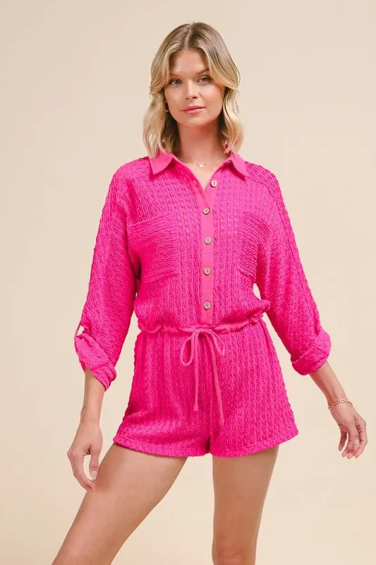 Textured Knit Button Front Romper.