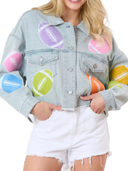 Applique Cropped Denim Jacket with Raw Hem