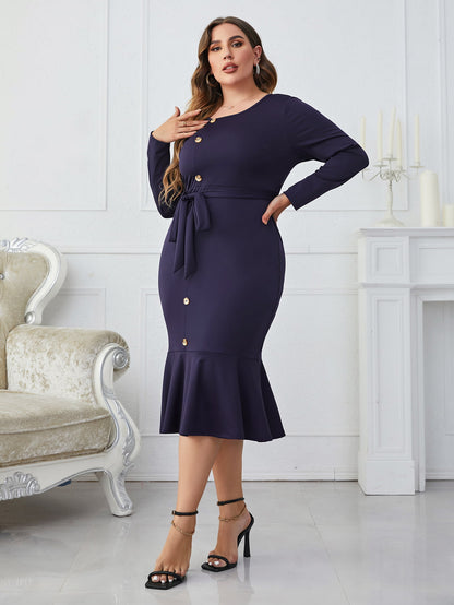 Honey Melo Apparel Plus Size Buttoned Round Neck Tie Belt Midi Dress