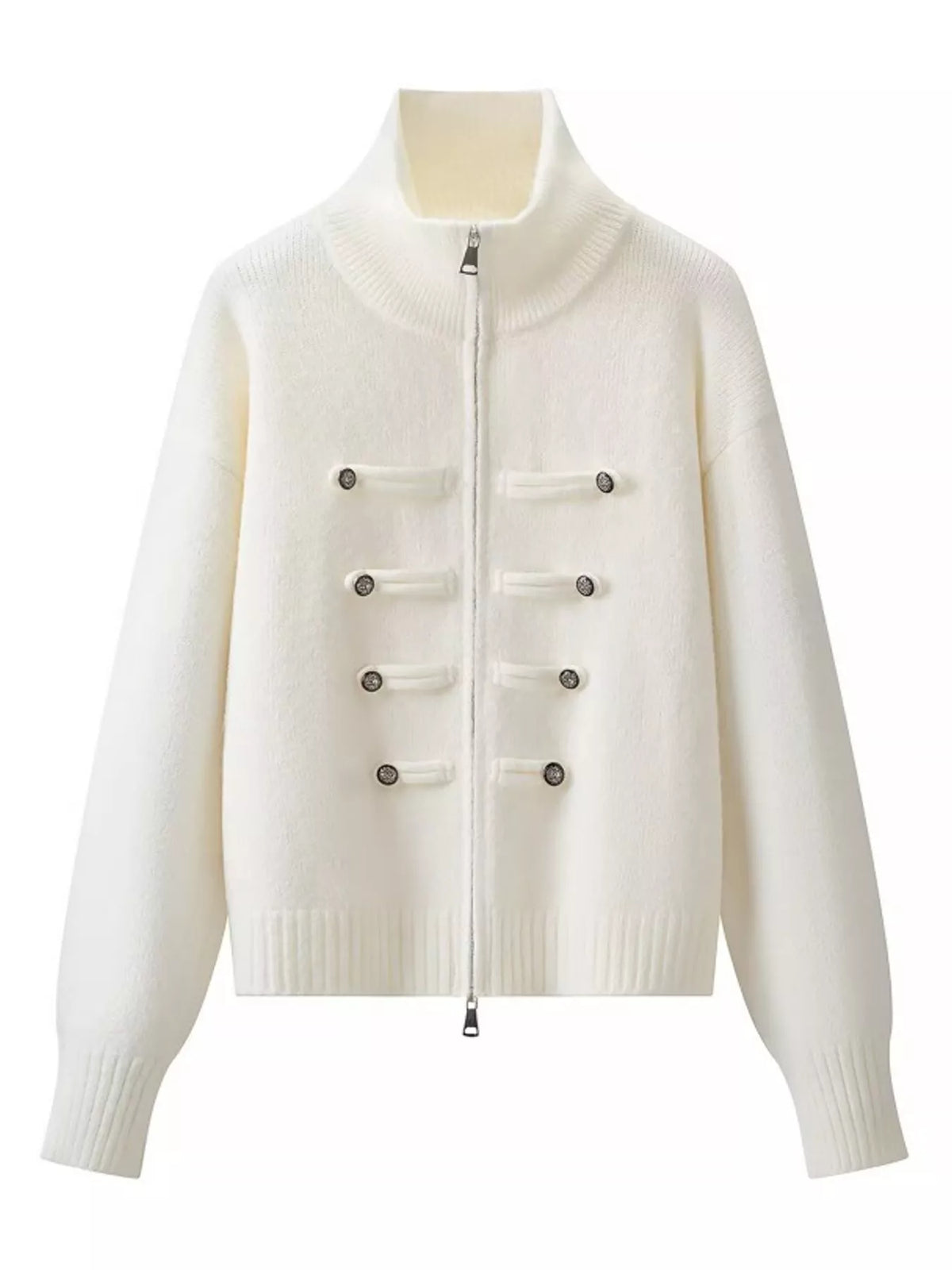 An off-white knit zip-up jacket with a high mock neck, ribbed cuffs and hem, and decorative toggle-style buttons on the front.
