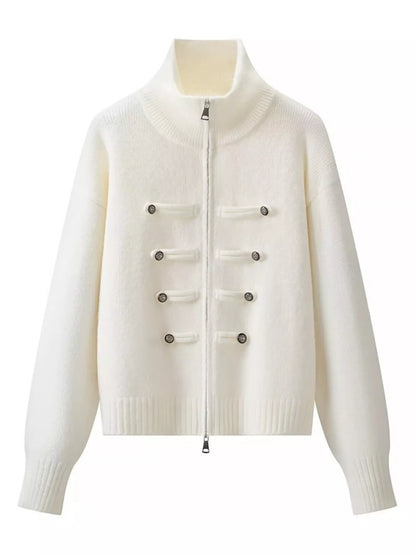 An off-white knit zip-up jacket with a high mock neck, ribbed cuffs and hem, and decorative toggle-style buttons on the front.