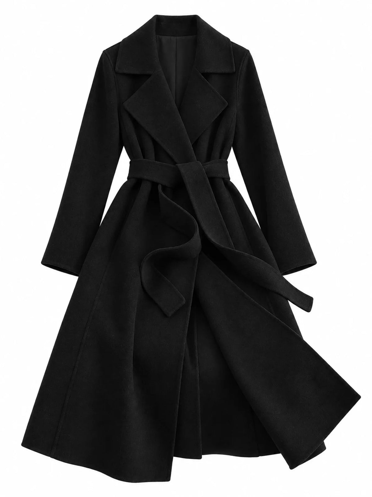A black longline wrap coat with a matching waist tie belt, shown on a plain white background.