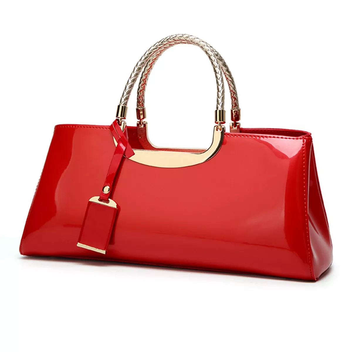 Red handbag with gold accents on a white background