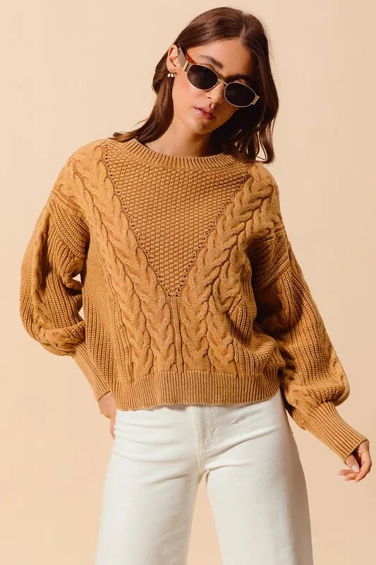 Mineral Washed Loose Fit Textured Cable Sweater.
